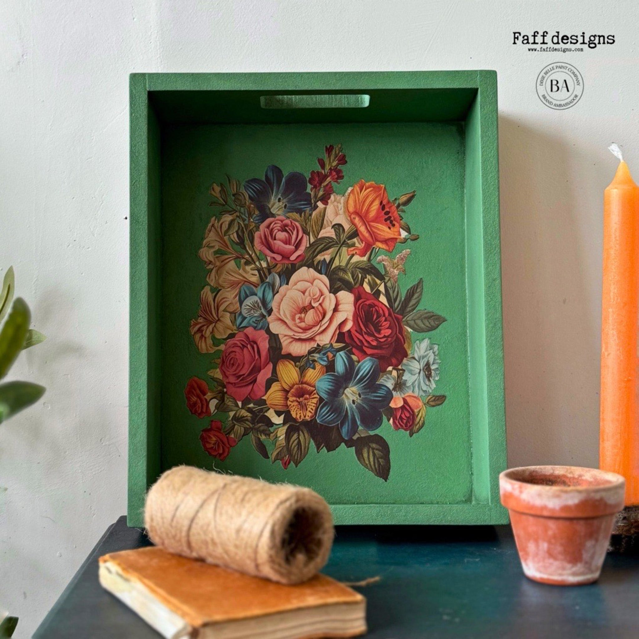 A wood serving tray created by Faff Designs is painted green and features Belles & Whistles' Antique Flora small transfer on the inside bottom of the tray.