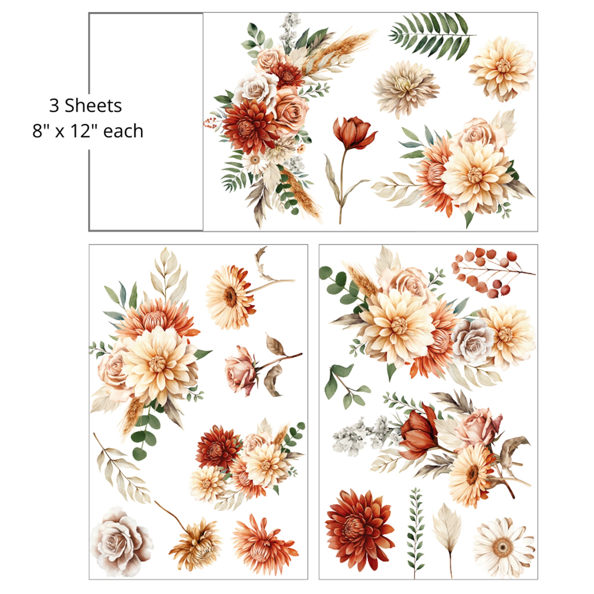 Three sheets of small rub-on transfers are against a white background and feature cream, peach, and rust colored flowers with foliage. Measurements for 1 sheet reads: 8" x 12" each.