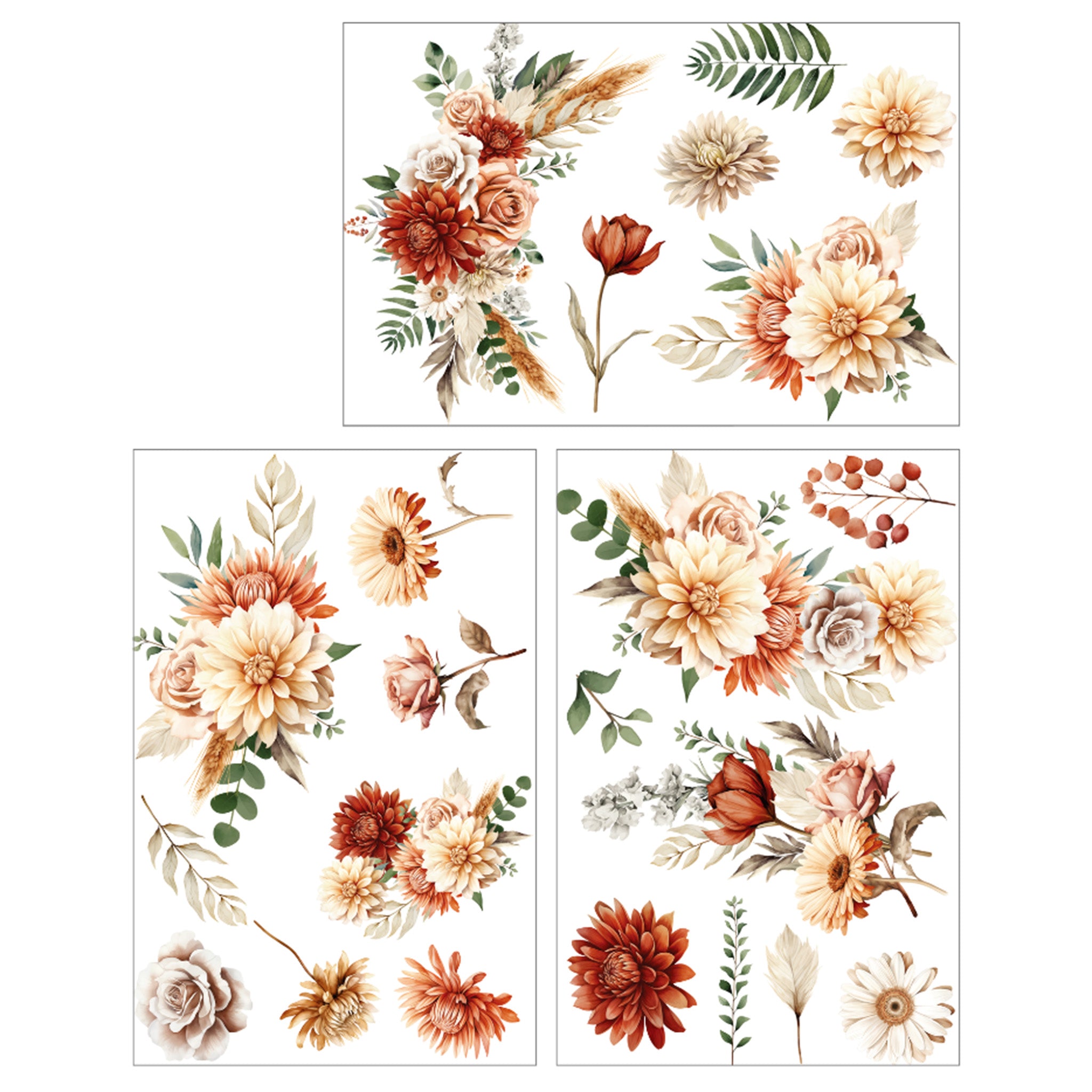 Three sheets of small rub-on transfers are against a white background and feature cream, peach, and rust colored flowers with foliage.