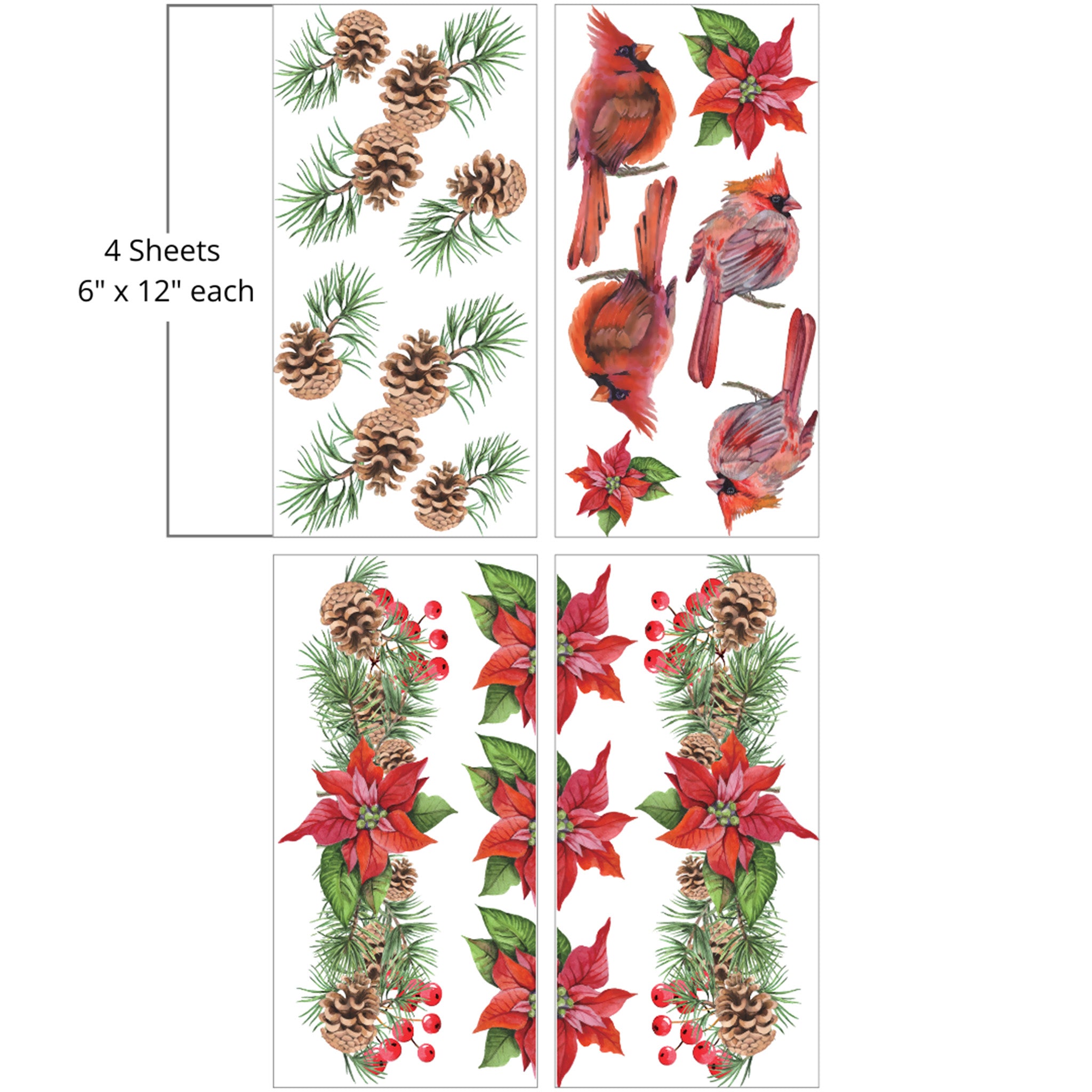 Four sheets of small rub-on transfers against a white background feature adorable cardinals, festive poinsettias, and clusters of rustic pinecones and garlands. Measurements for 1 sheet reads: 6" x 2" each.