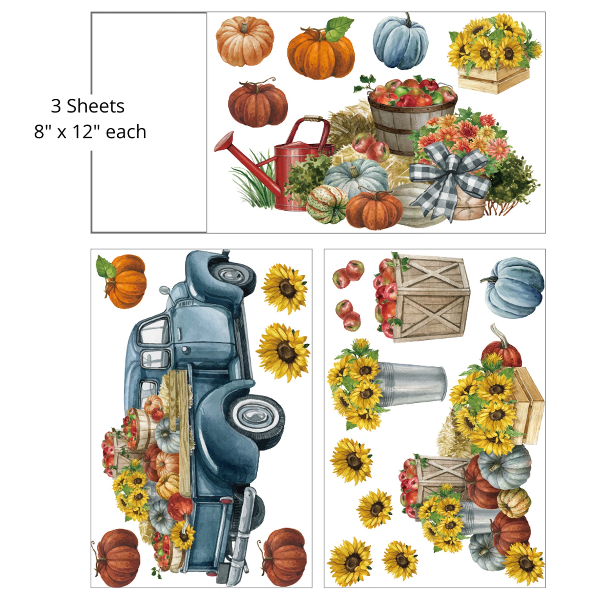 Three sheets of small rub-on transfers are against a white background and feature a vintage farm truck, pumpkins, apples, and sunflowers. Measurements for 1 sheet reads: 8" x 12" each.