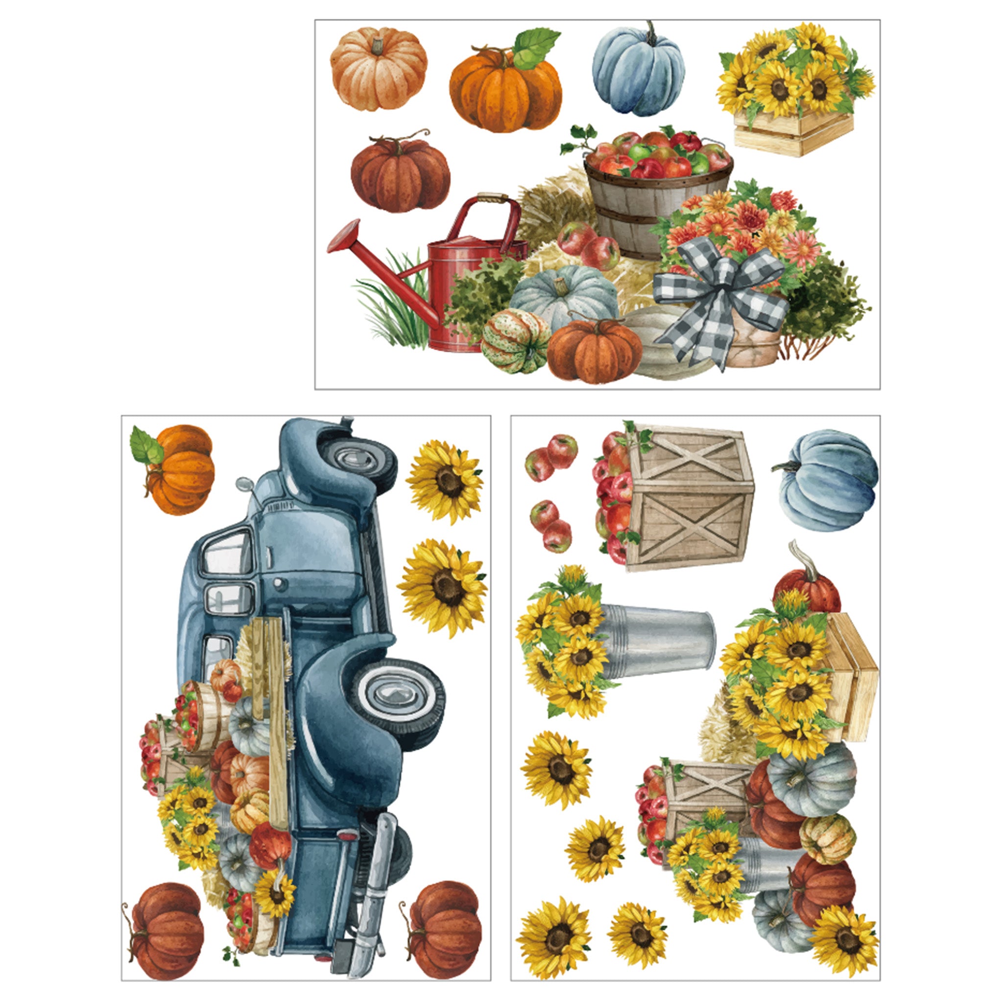 Three sheets of small rub-on transfers are against a white background and feature a vintage farm truck, pumpkins, apples, and sunflowers.