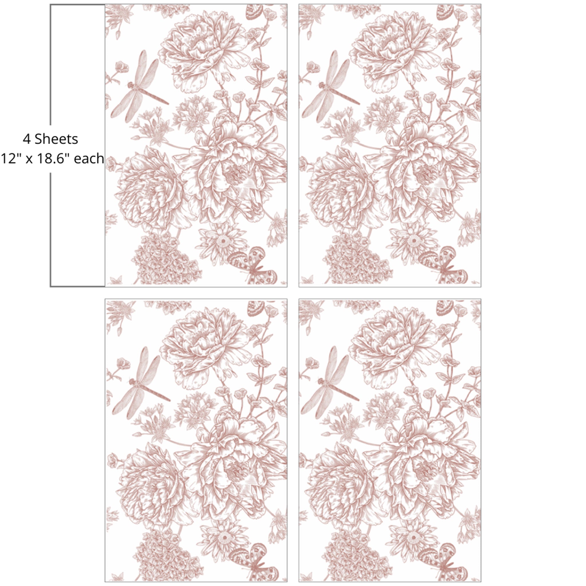 Four sheets of a rub-on transfer that features a charming toile inspired blush colored print adorned with delicate flowers and dragonflies are against a white background. Measurements for 1 sheet reads: 12" x 18.6"