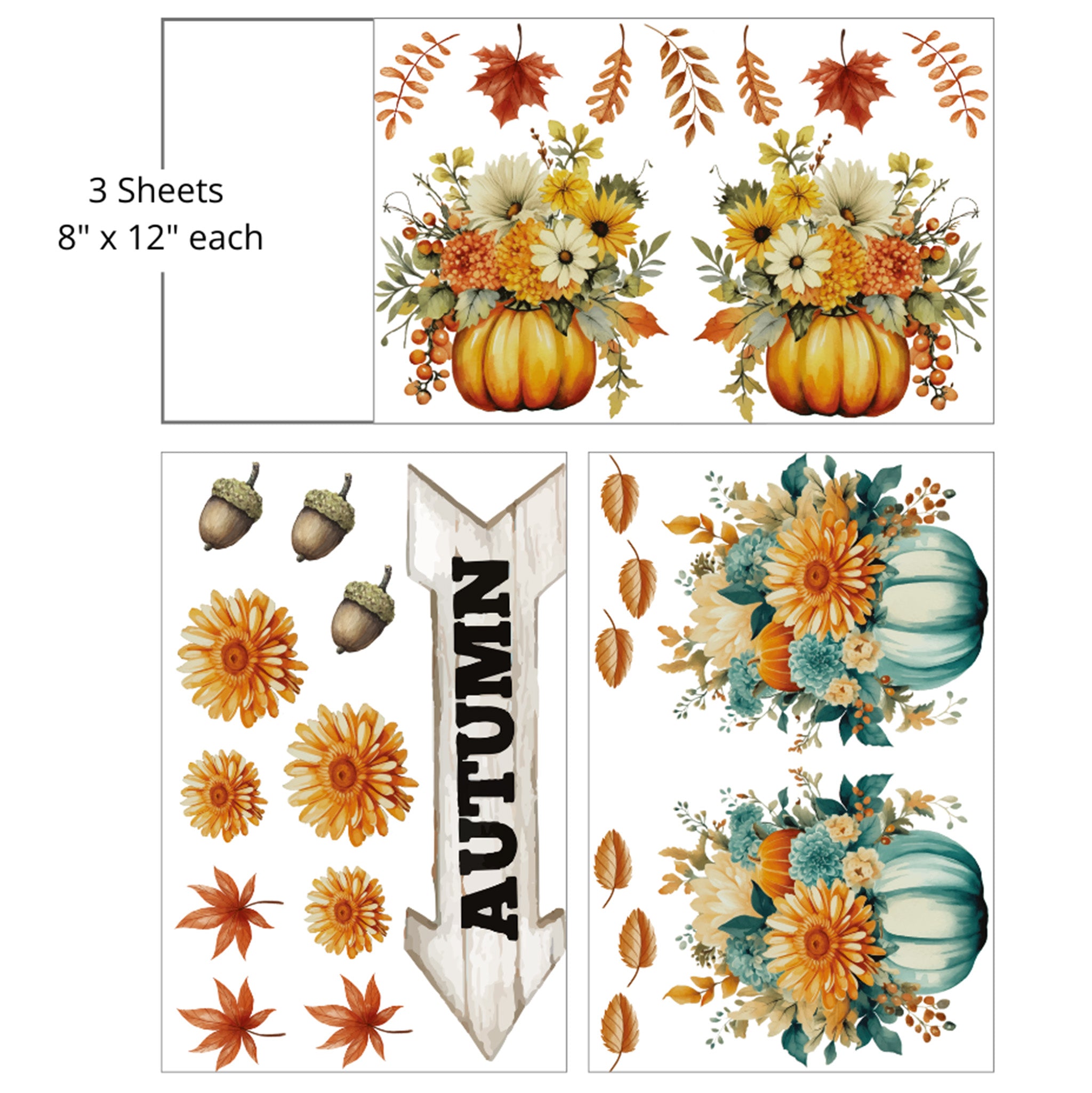 Three sheets of small rub-on transfers against a white background that feature an autumn arrow sign, pumpkins overflowing with Fall flowers, and rustic leaves and acorns. Measurements for 1 sheet reads: 8" x 12" each.