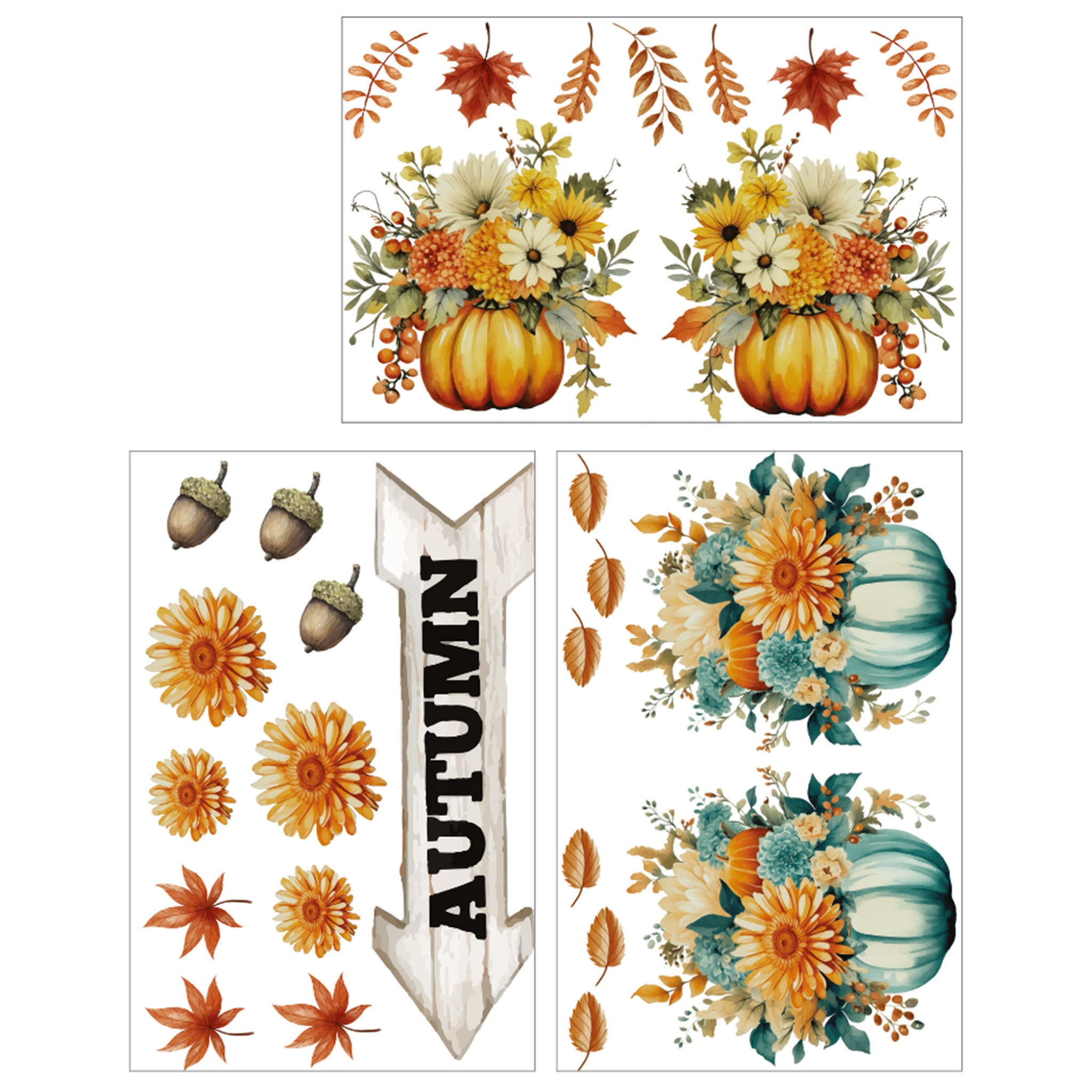 Three sheets of small rub-on transfers against a white background that feature an autumn arrow sign, pumpkins overflowing with Fall flowers, and rustic leaves and acorns.