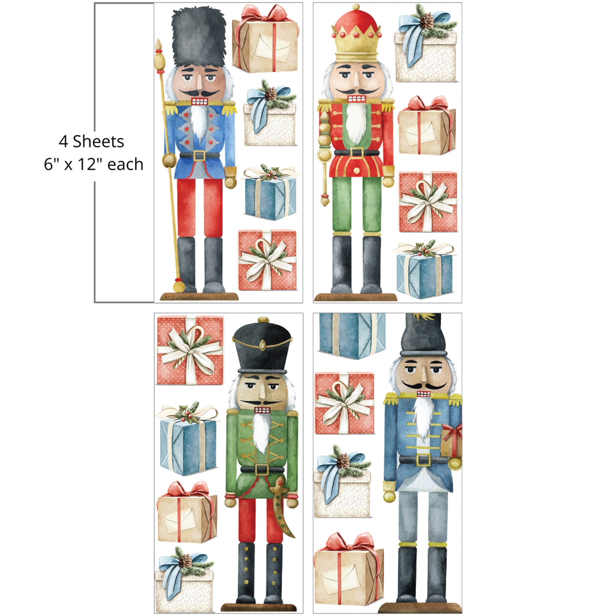 Four sheets of small rub-on transfers against a white background feature colorful nutcrackers and wrapped presents. Measurements for 1 sheet reads: 6" x 12" each.