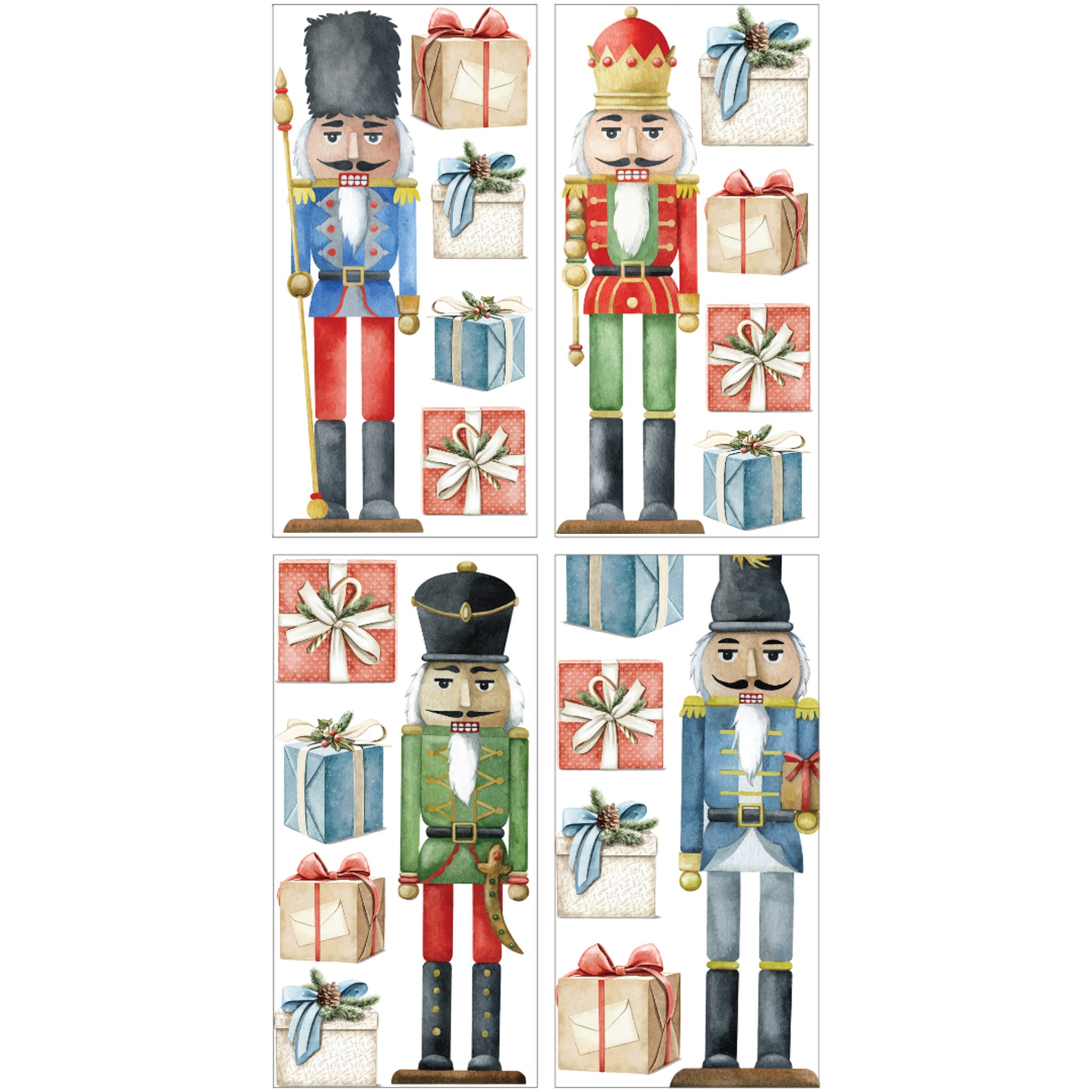 Four sheets of small rub-on transfers against a white background feature colorful nutcrackers and wrapped presents.