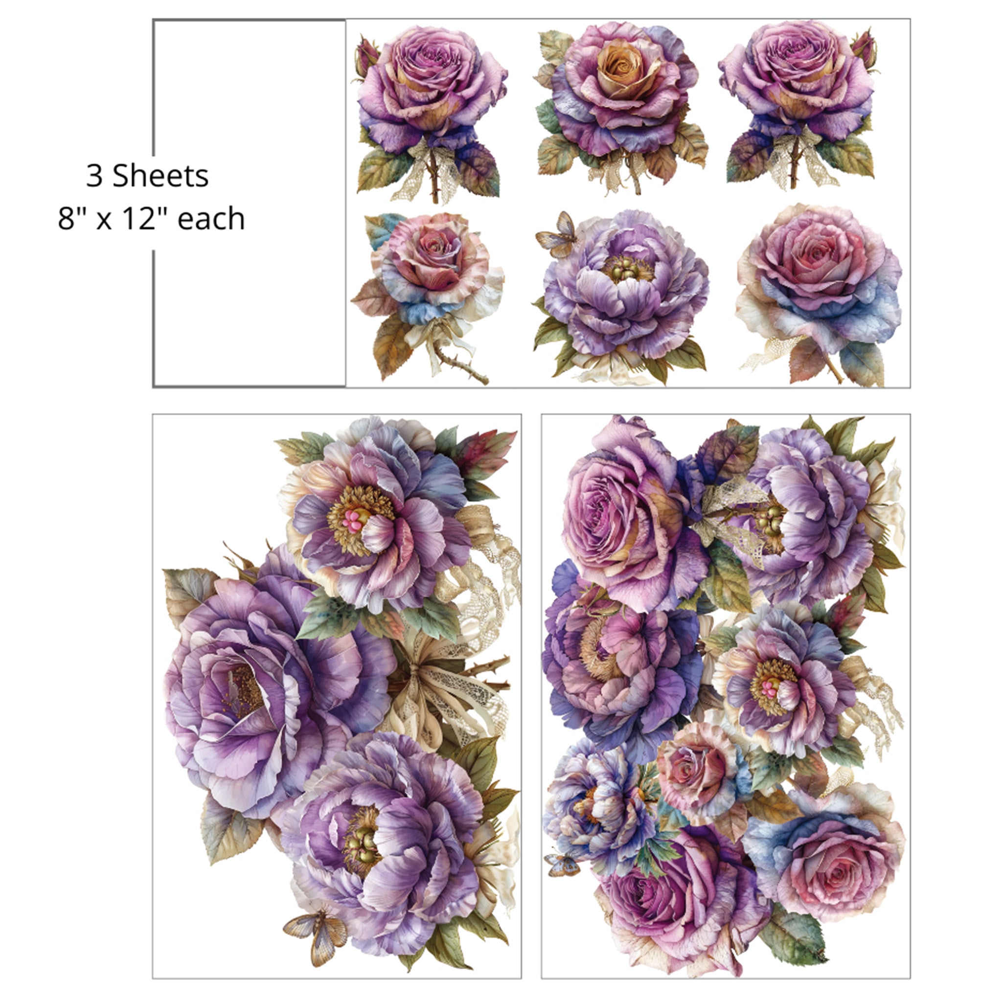 Three sheets of small rub-on transfers against a white background feature 2 large bouquets and single flower heads of pink and purple watercolor roses and peonies. Measurements for 1 sheet reads: 8" x 12" each.