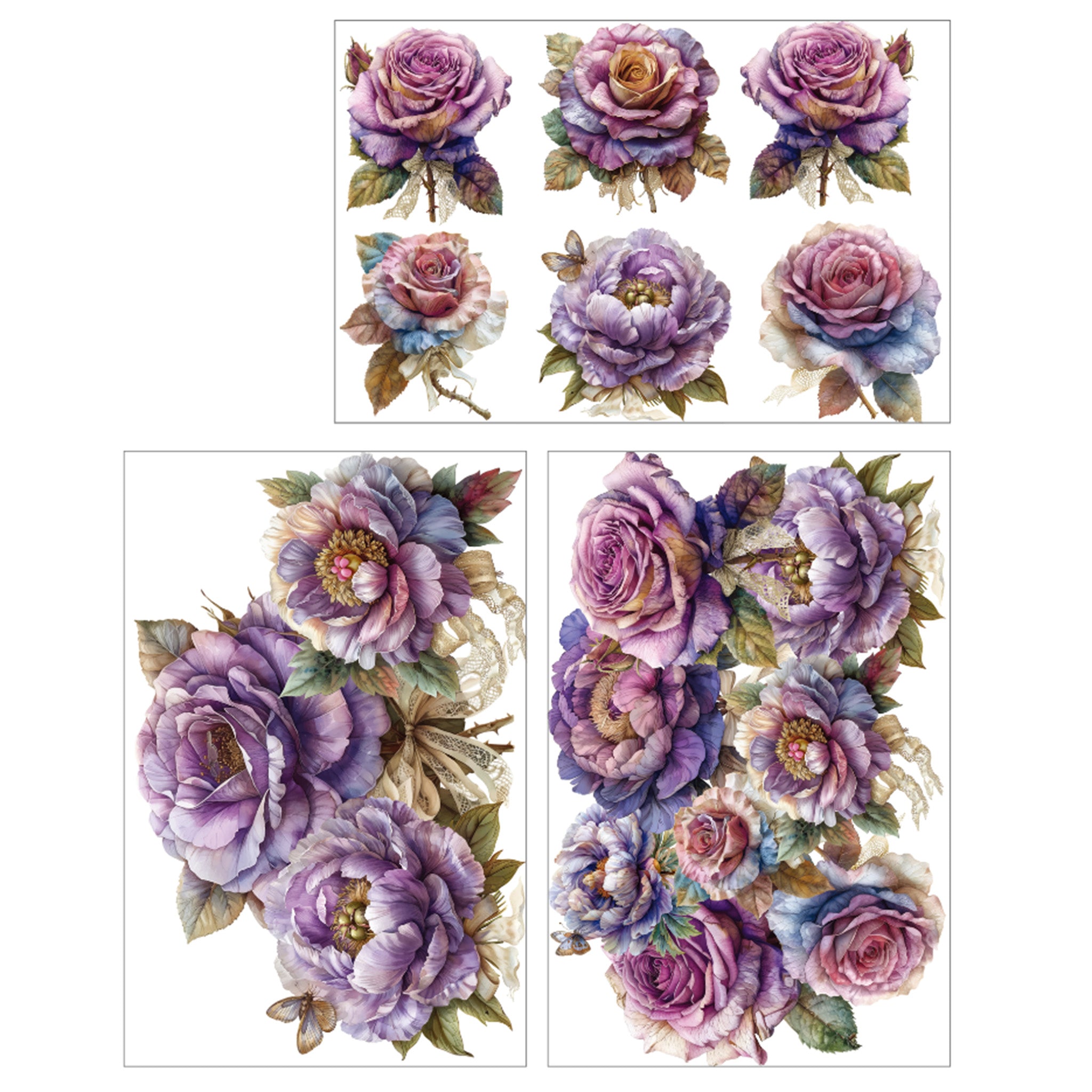 Three sheets of small rub-on transfers against a white background feature 2 large bouquets and single flower heads of pink and purple watercolor roses and peonies.