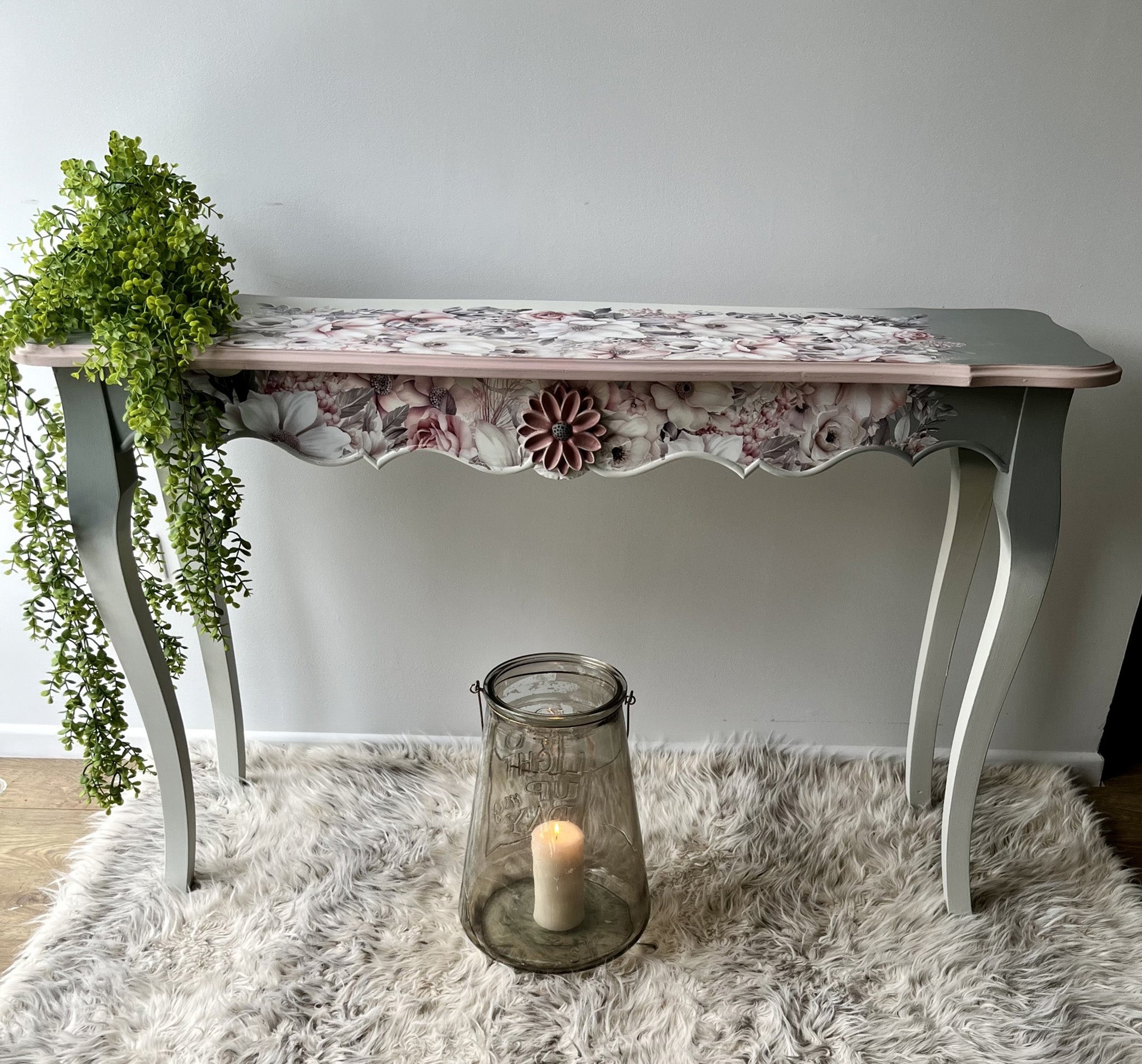 A long entry-way table is painted light and medium grey and features Belles & Whistles' Soft Wintery Florals rub-on transfer on it.