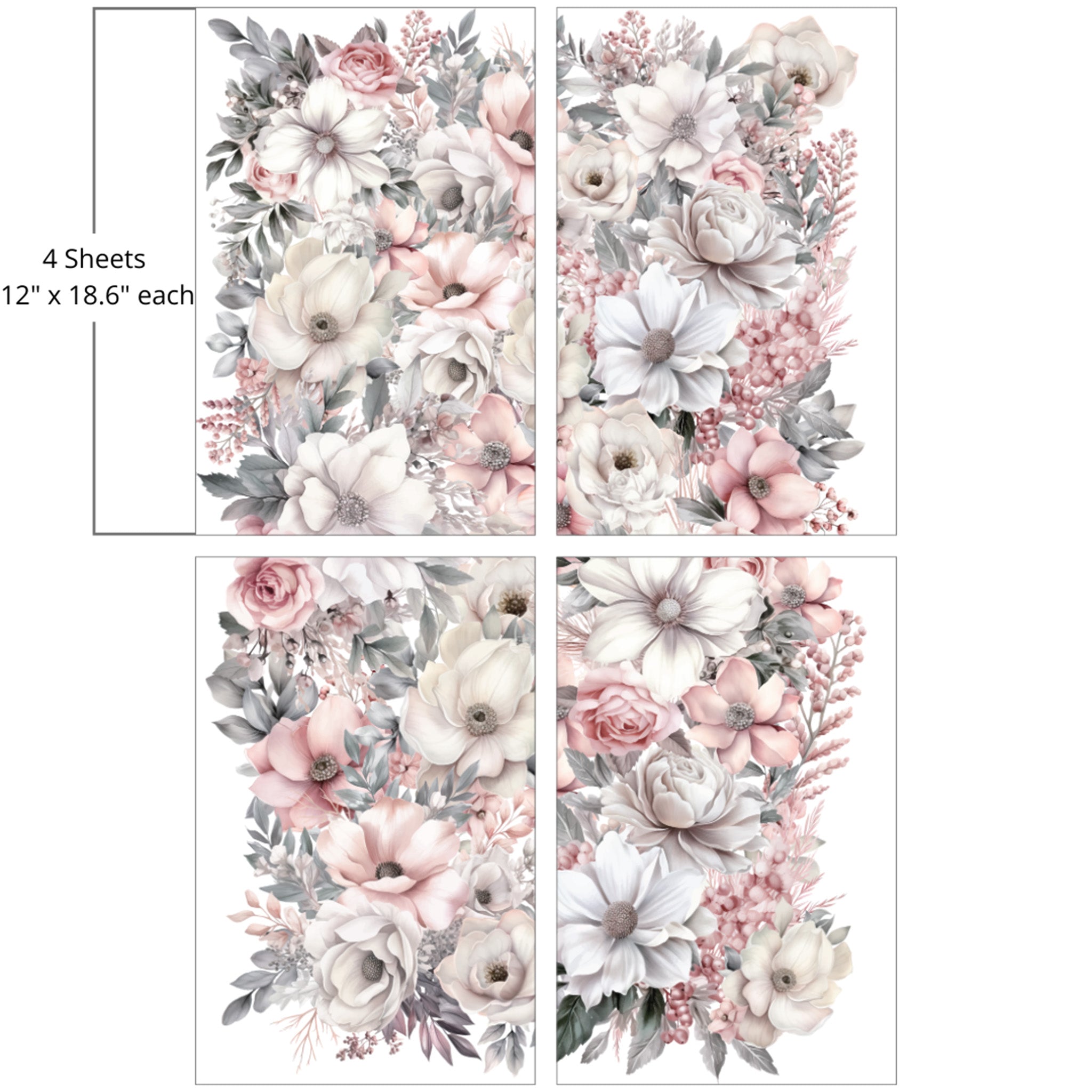 Four sheets of a rub-on transfer design featuring a large bouquet of soft cream and blush colored flowers with wintery green foliage are against a white background. Measurements for 1 sheet reads: 12" x 18.6" each.