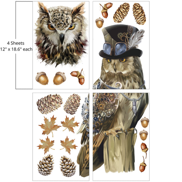 Four sheets of a rub-on transfer against a white background feature an owl in a top hat, acorns, pinecones, and fall leaves. Measurements for 1 sheet reads: 12" x 18.6" each.