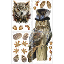 Four sheets of a rub-on transfer against a white background feature an owl in a top hat, acorns, pinecones, and fall leaves.