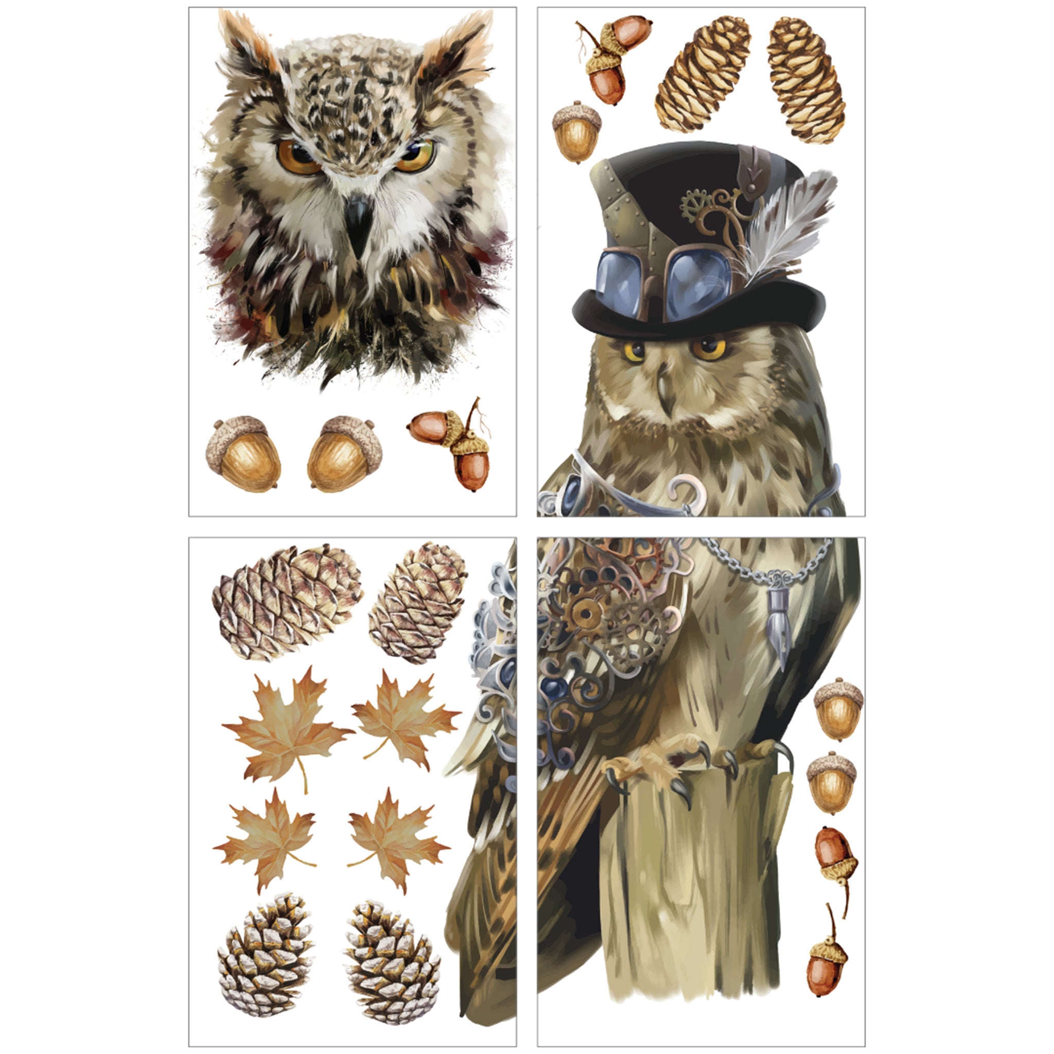 Four sheets of a rub-on transfer against a white background feature an owl in a top hat, acorns, pinecones, and fall leaves.