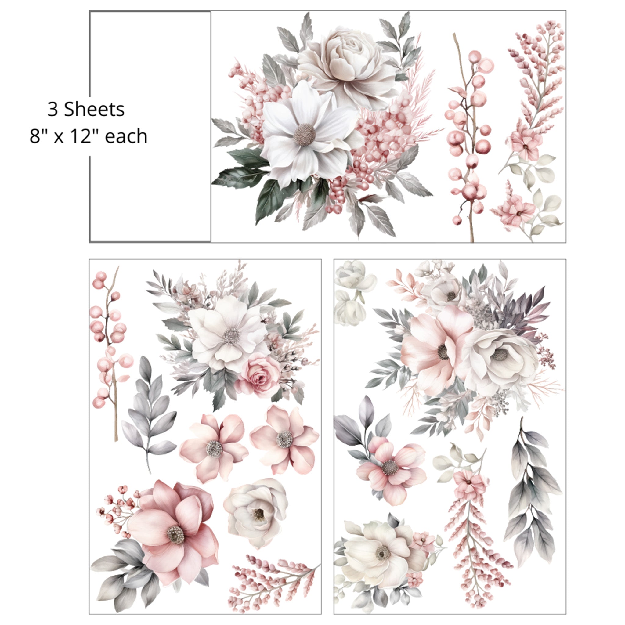 Three sheets of small rub-on transfers are against a white background and feature clusters of cream and blush flowers with sage greenery. Measurements for 1 sheet reads: 8" x 12" each.