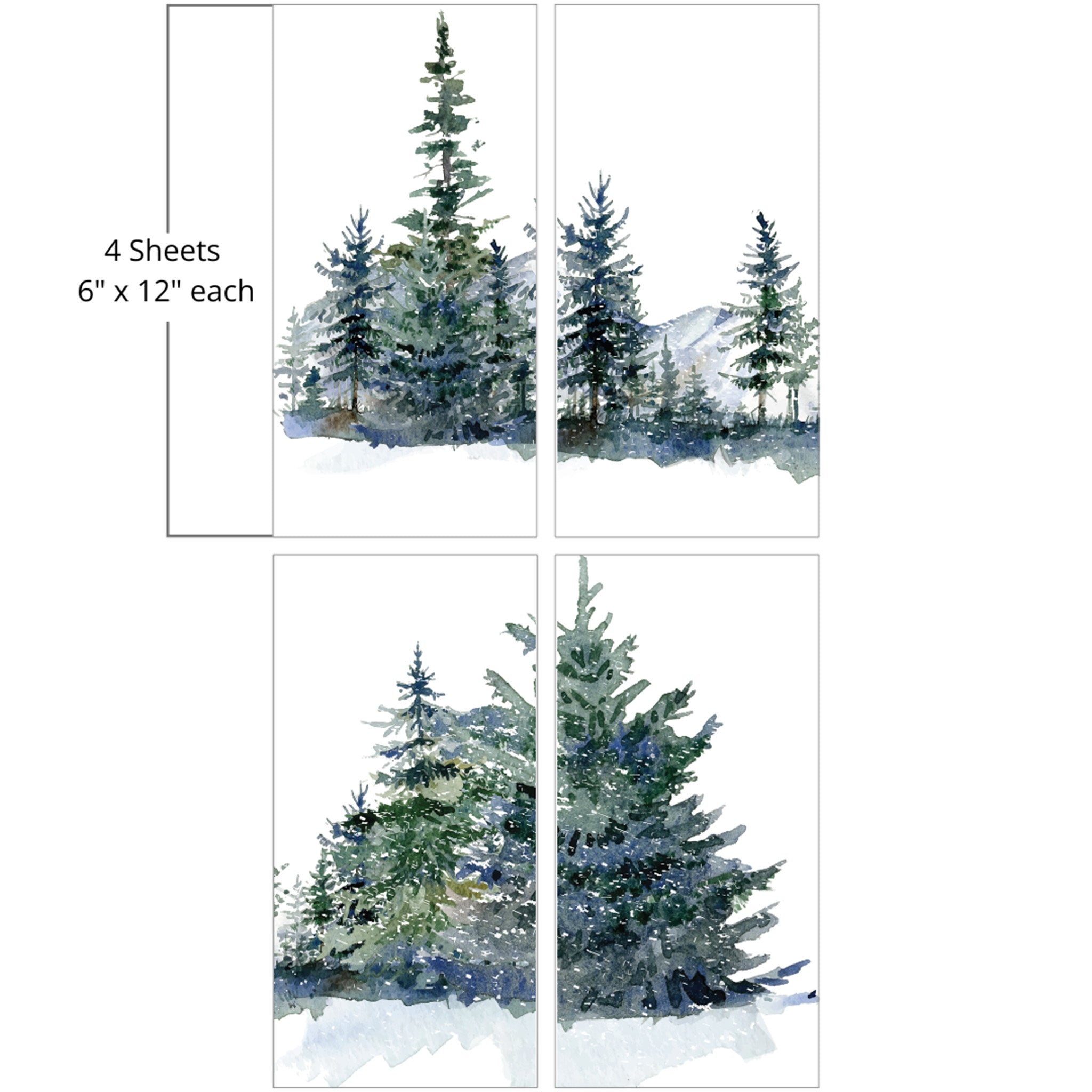 Four sheets of a small rub-on transfer feature 2 scenes of pine forests. Measurements for 1 sheet reads: 6" x 12" each.