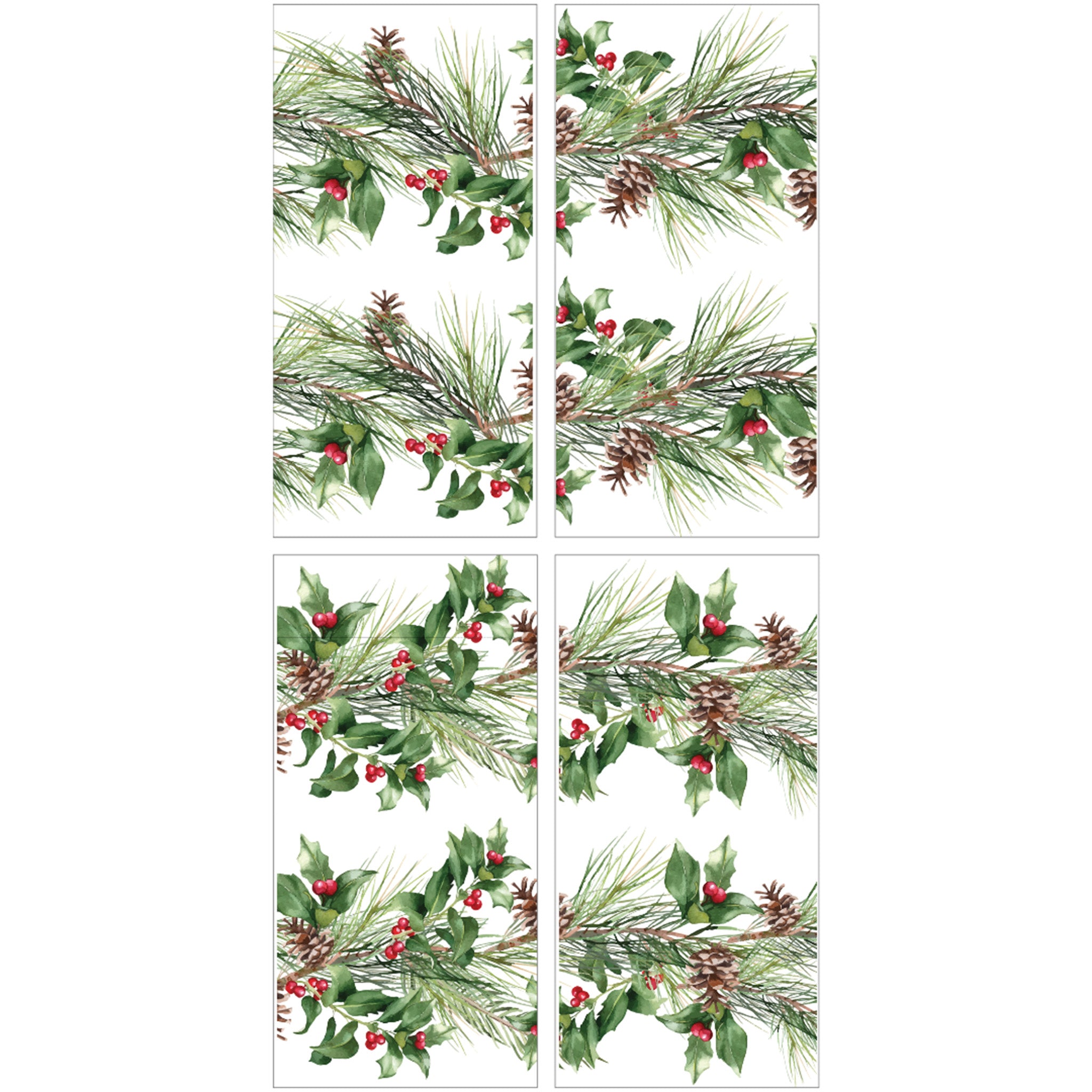 Four sheets of small rub-on transfers against a white background feature festive greenery, berries, and pinecones.