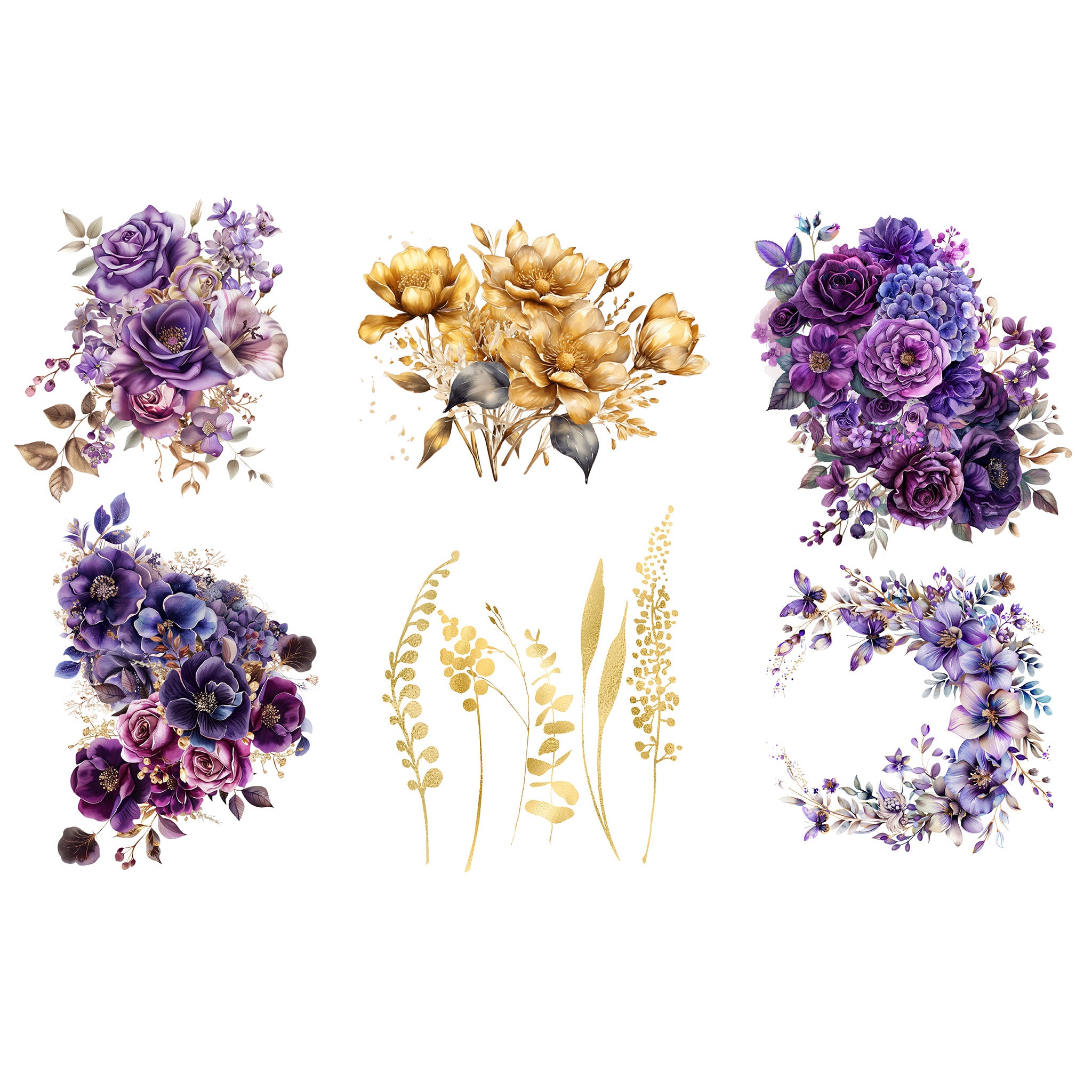 Small rub on transfers featuring stunning small purple floral bouquets, a golden bouquet, crescent purple wreath, and gold sprigs of leaves are against a white background.