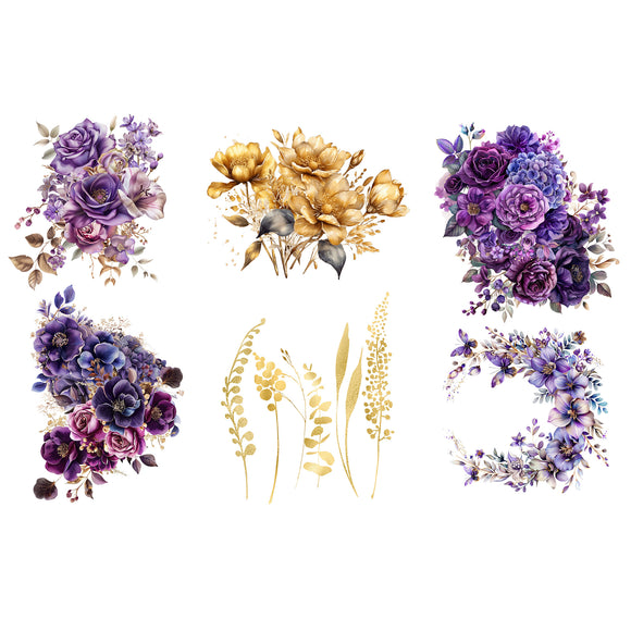 Small rub on transfers featuring stunning small purple floral bouquets, a golden bouquet, crescent purple wreath, and gold sprigs of leaves are against a white background.