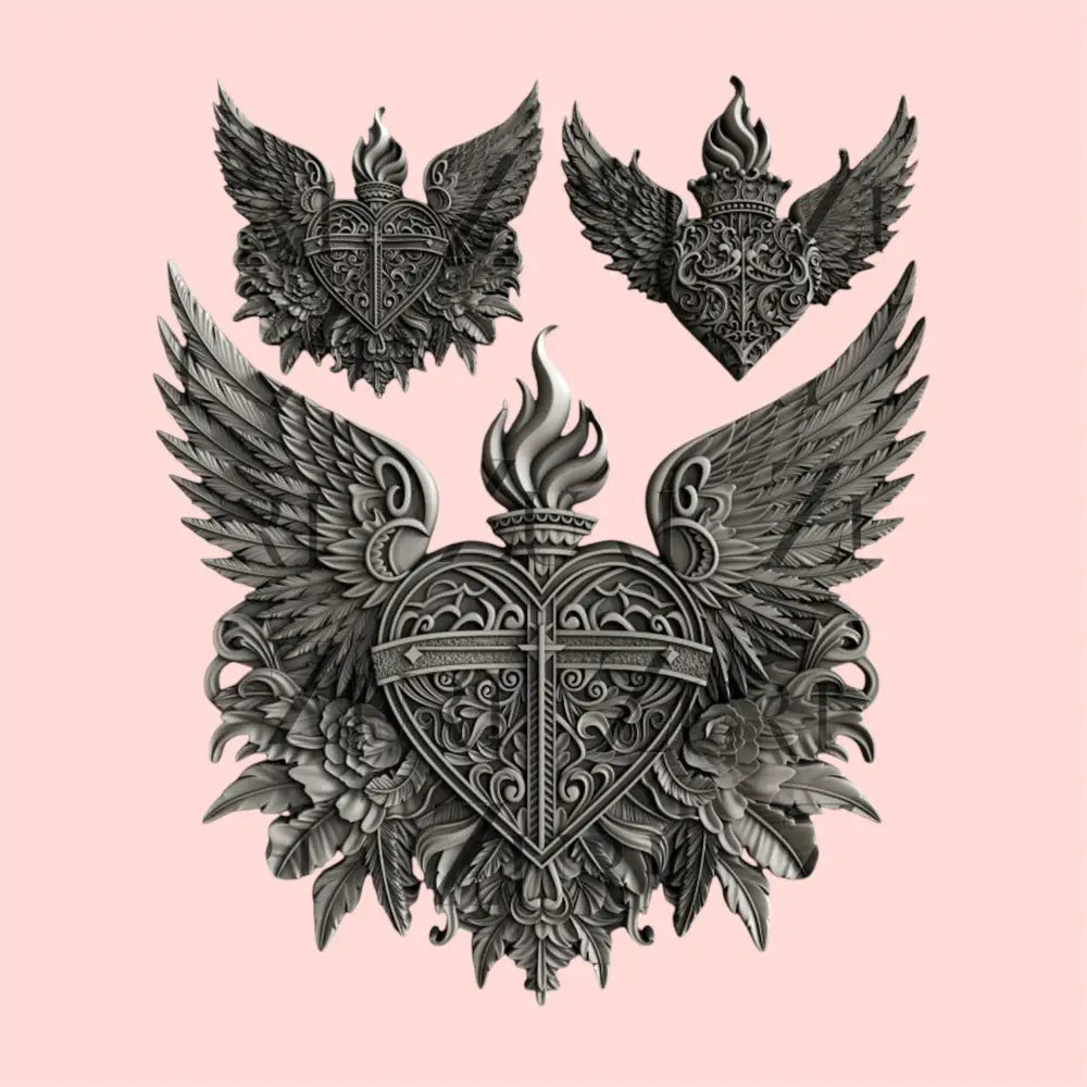 Silver colored silicone mold castings featuring 2 small and 1 large heart, each topped with flames and surrounded by wings, all nestled upon delicate flowers are against a light pink background.