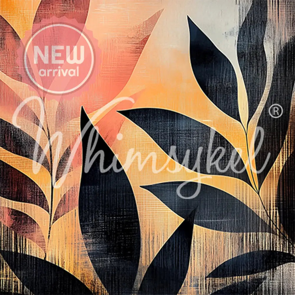 Close-up of a tissue paper featuring silhouettes of tropical foliage against orange and pink hues with black dry brush strokes.
