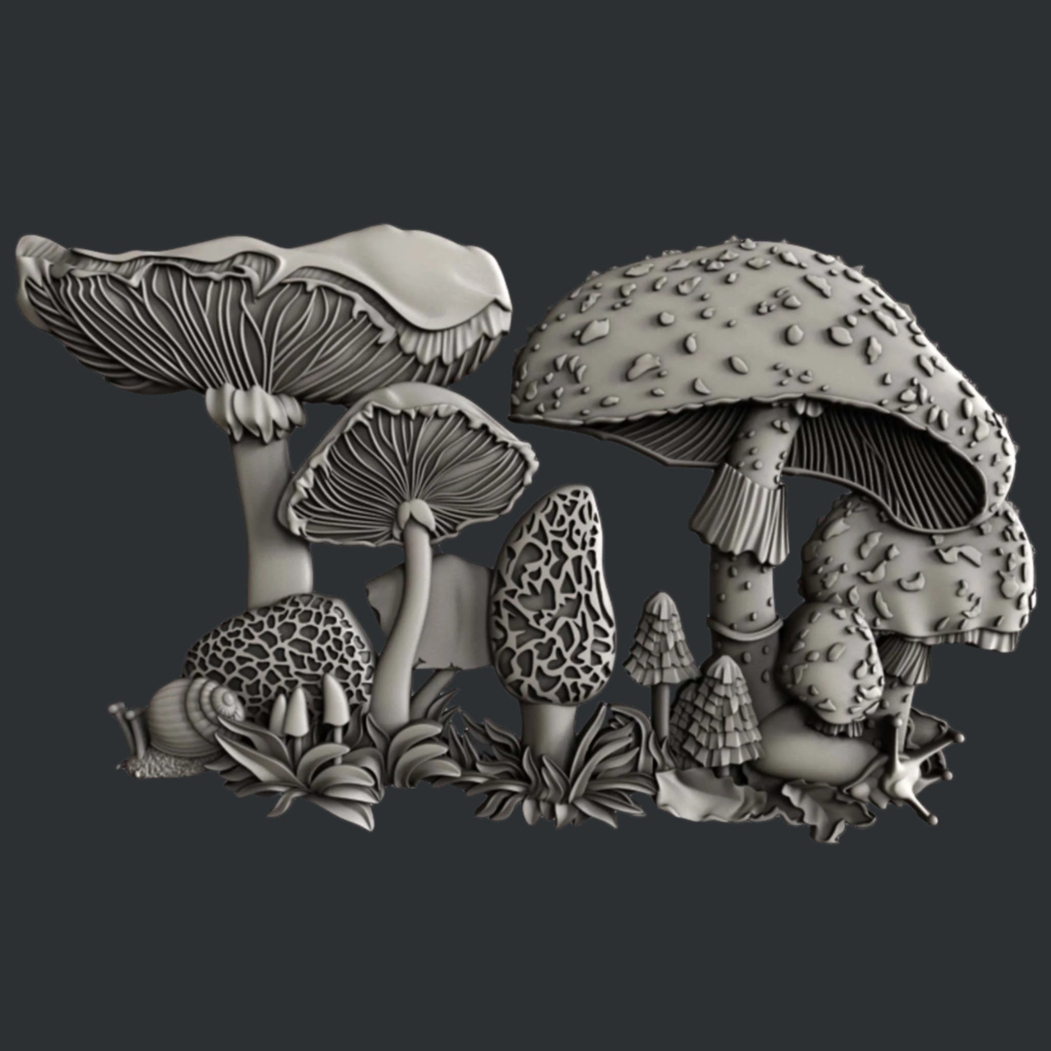 Silver colored silicone casting of a cluster of different kinds of mushrooms is against a dark grey background.