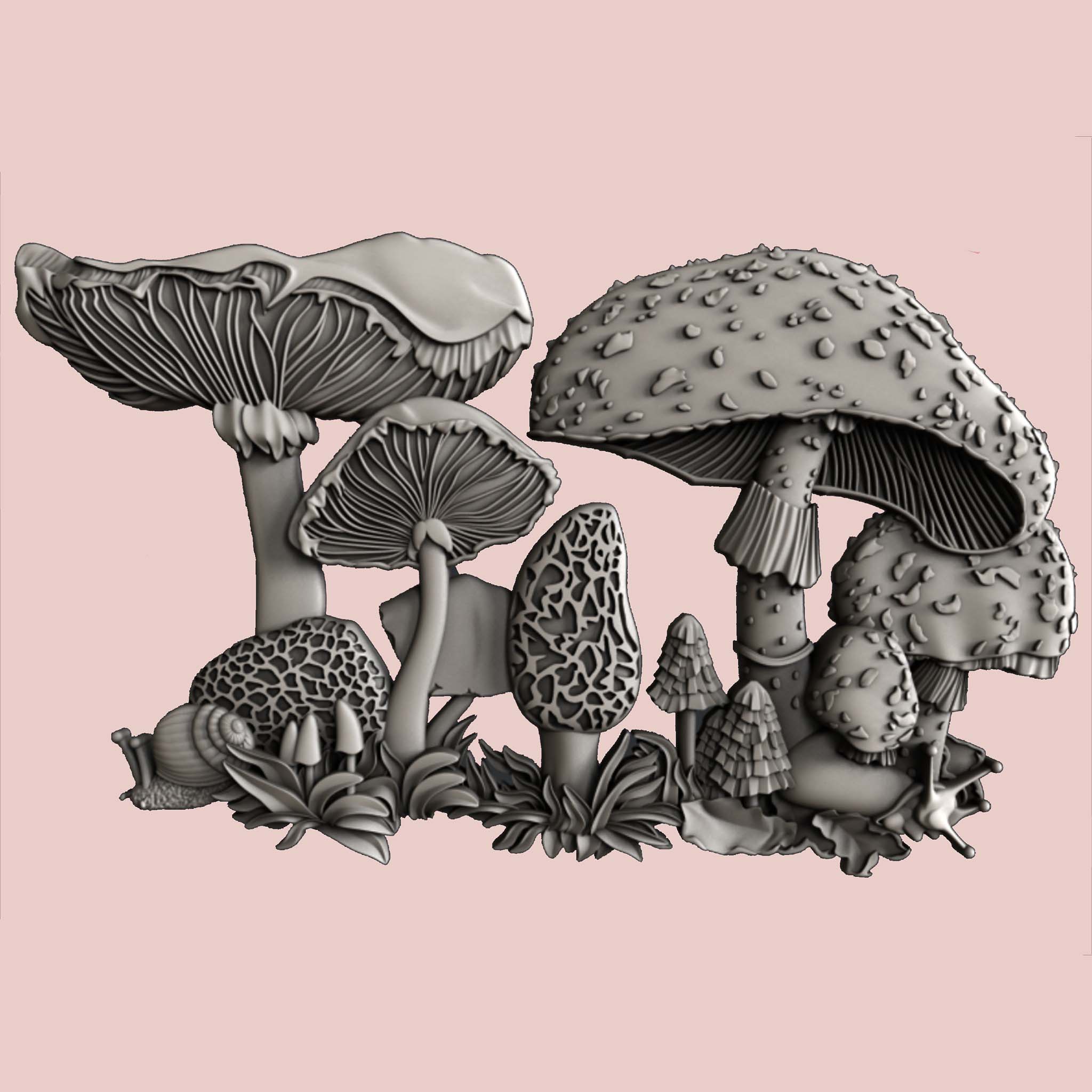 Silver colored silicone casting of a cluster of different kinds of mushrooms is against a light pink background.