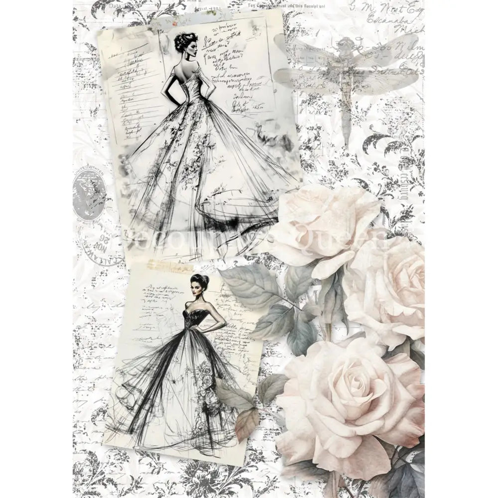 Rice paper that features white roses and sketched images of elegant women in ballgowns layered over a vintage postage document. White borders are on the sides.