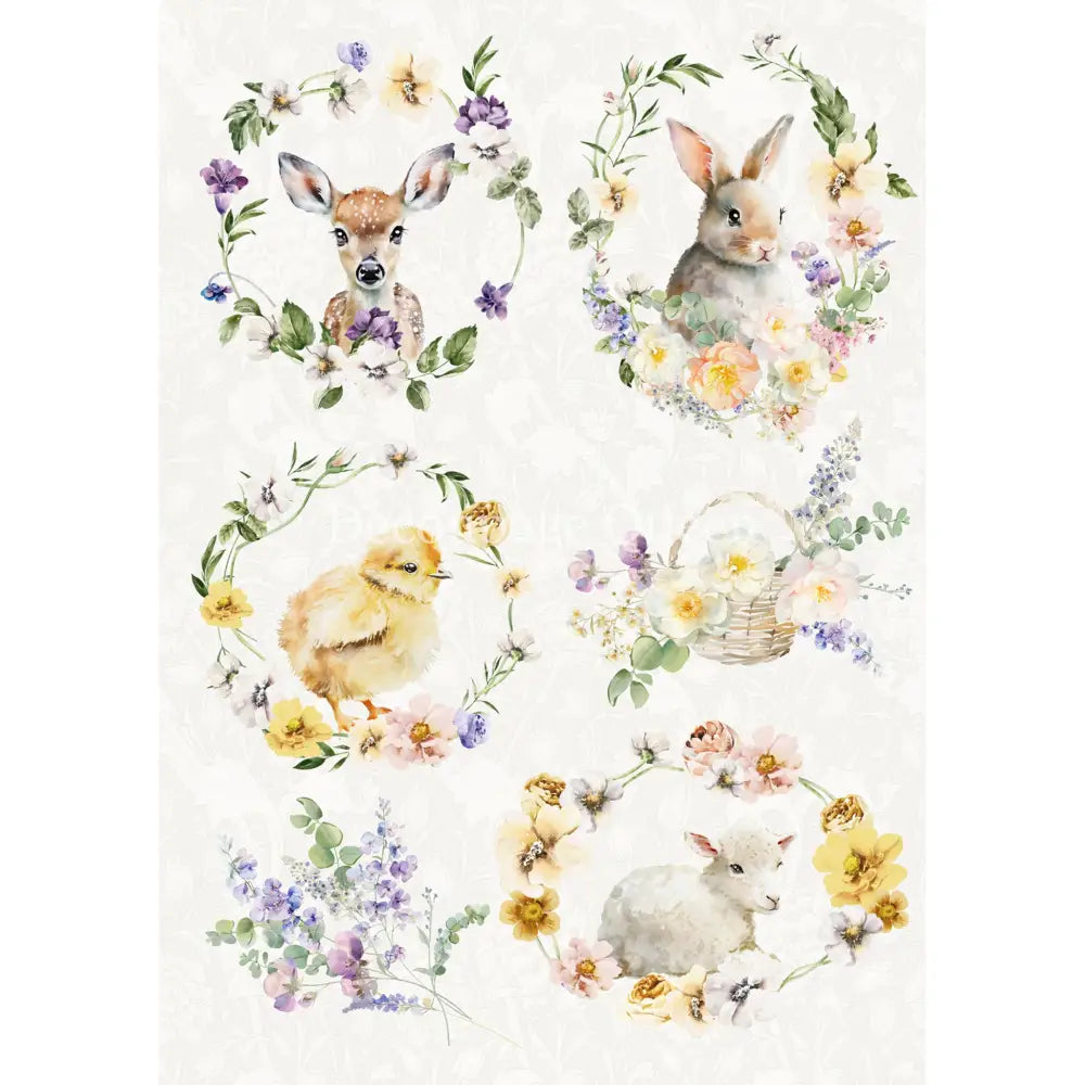 Rice paper featuring 6 whimsical floral wreath designs including a deer, bunny, chick, and lamb. White borders are on the sides.