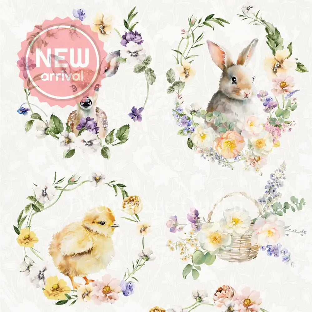 Close-up of a rice paper featuring 6 whimsical floral wreath designs including a deer, bunny, chick, and lamb.