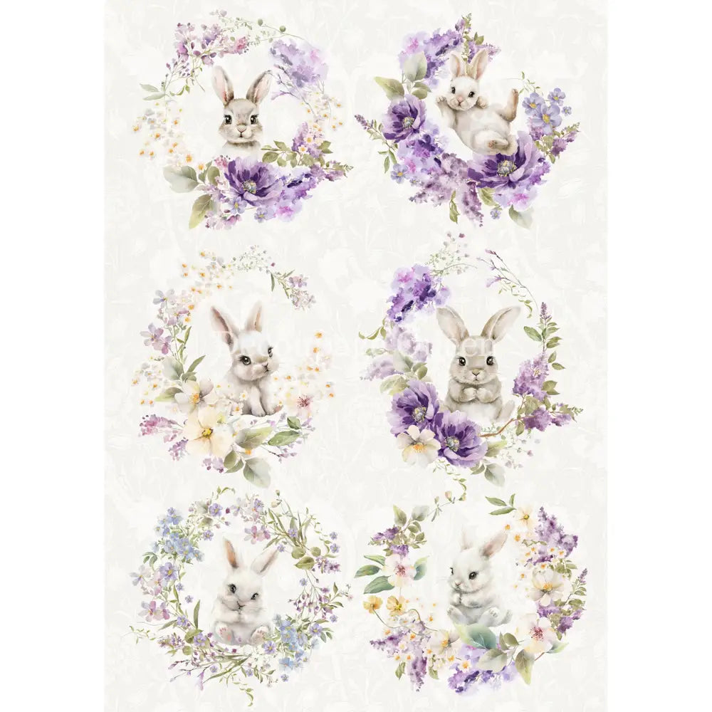 Rice paper featuring 6 adorable designs of Easter bunnies in gorgeous floral wreaths. White borders are on the sides.