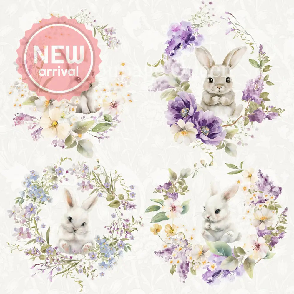 Close-up of a rice paper featuring 6 adorable designs of Easter bunnies in gorgeous floral wreaths.