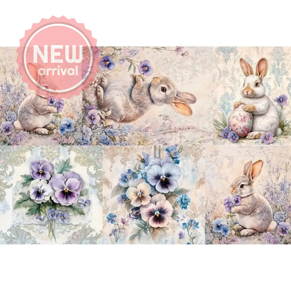 Rice paper featuring 4 charming images of bunnies with pansies and 2 of pansy bouquets. White borders are on the top and bottom.