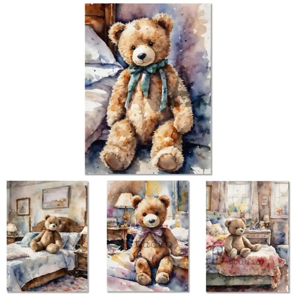 Rice paper designs against a white background that feature 4 charming images of teddy bears on cozy beds