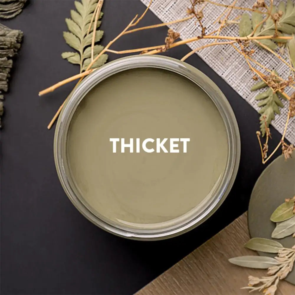 An arial view of an open container of Dixie Belle Paint Company's Thicket Chalk Mineral Paint is shown with white text reading Thicket.