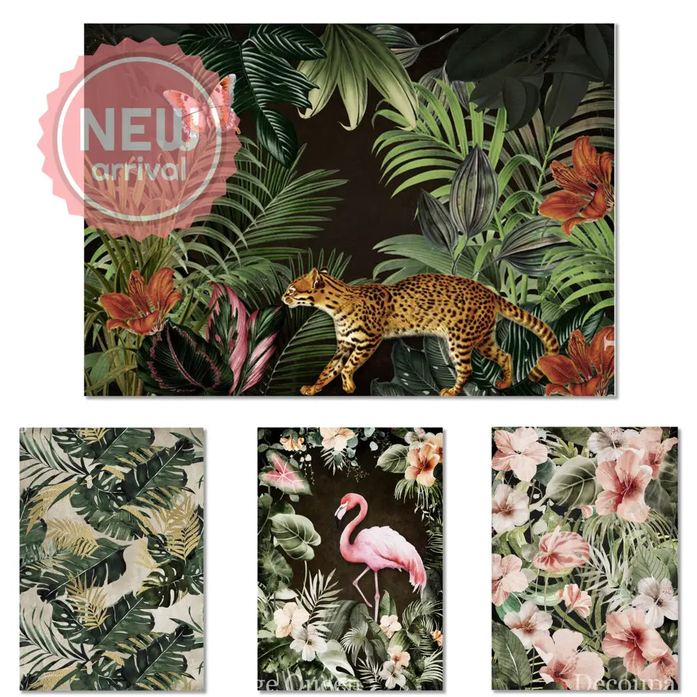 Four rice papers against a white background feature vibrant designs of hibiscus flowers, tropical greenery, flamingos, and a wild cat. 