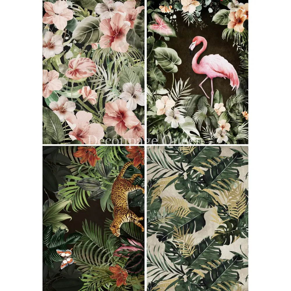 Four rice papers against a white background feature vibrant designs of hibiscus flowers, tropical greenery, flamingos, and a wild cat. 