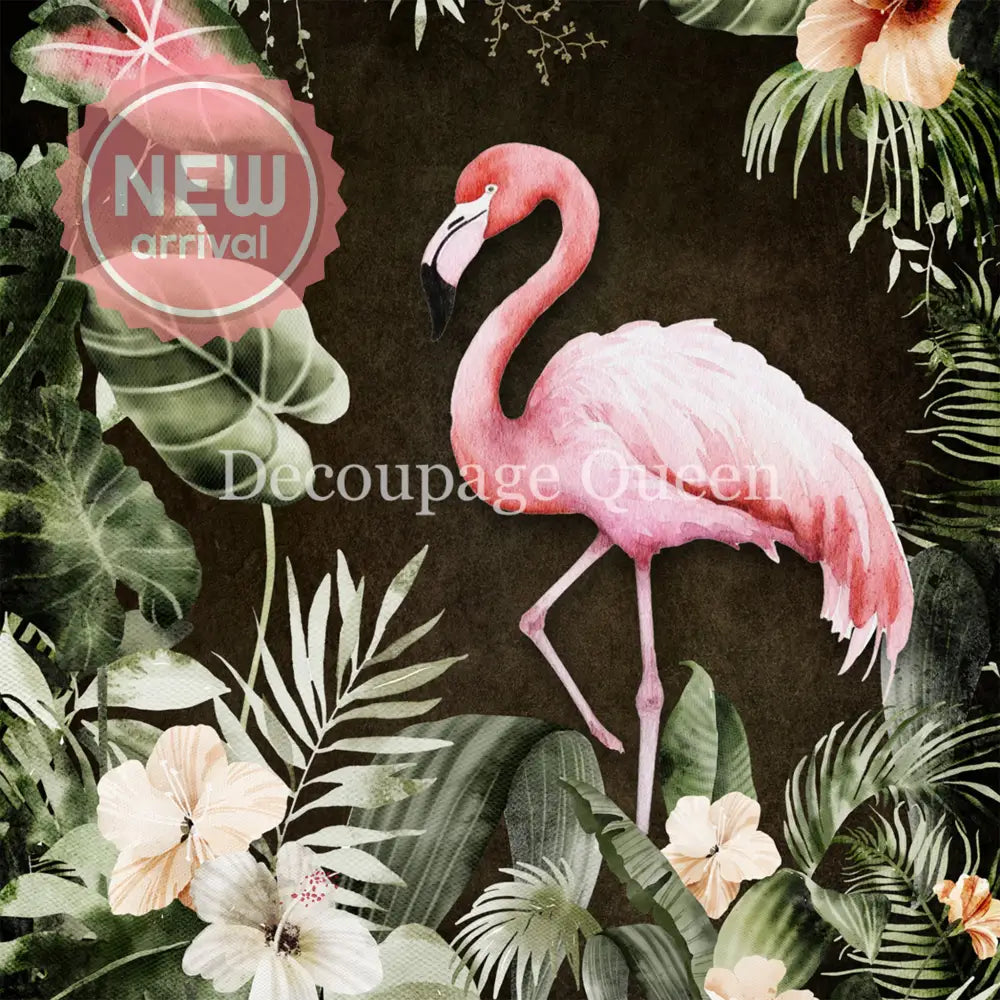 Close-up of a rice paper featuring a bright pink flamingo surrounded by lush monstera leaves and vibrant flowers on a black background.