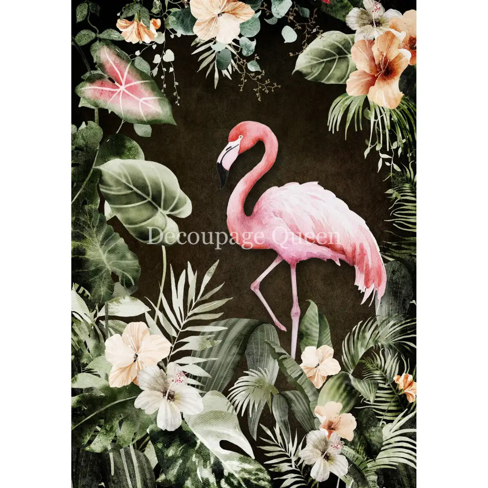 Rice paper featuring a bright pink flamingo surrounded by lush monstera leaves and vibrant flowers on a black background. White borders are on the sides.