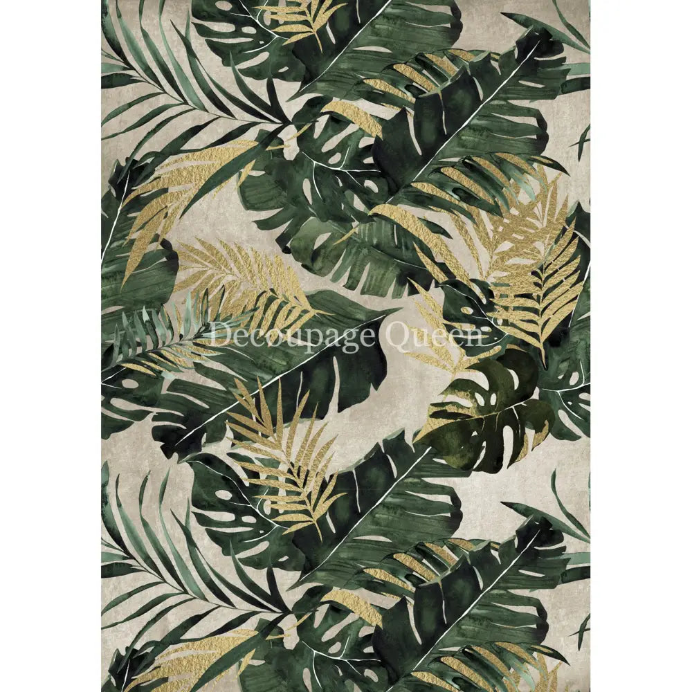 Rice paper featuring large, vibrant green and gold palm fronds and monstera leaves against a soft grey background. White borders are on the sides.