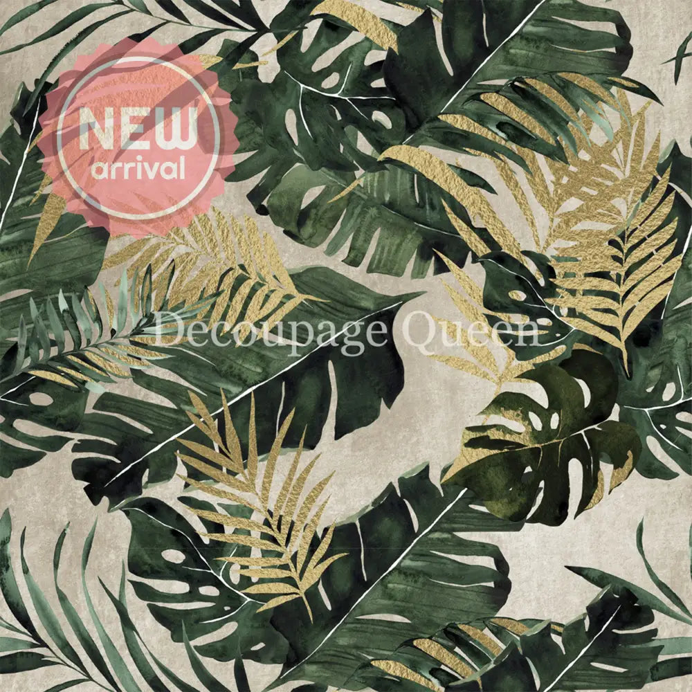 Close-up of a rice paper featuring large, vibrant green and gold palm fronds and monstera leaves against a soft grey background.