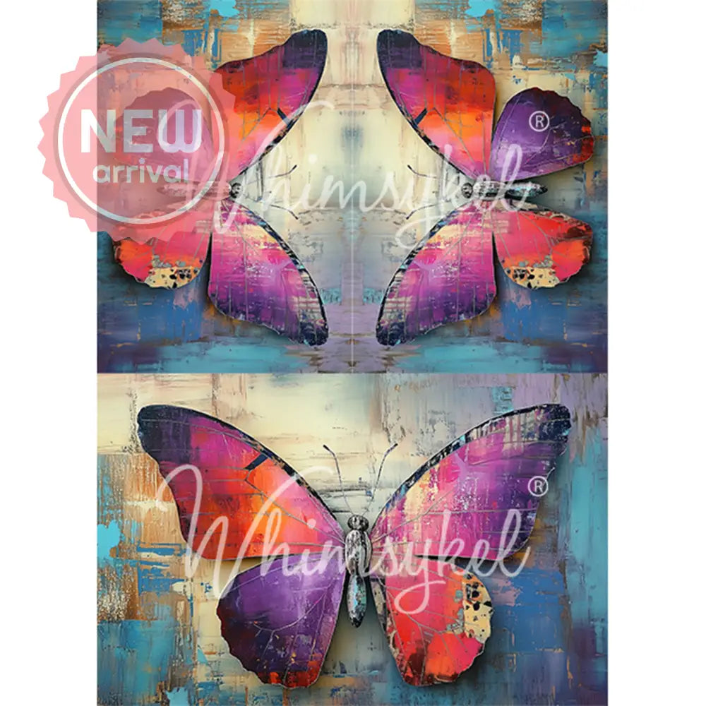 Tissue paper featuring 3 same designs, 1 large and 2 small, of pink and purple collage butterflies against a blue and cream grunge patchwork background.