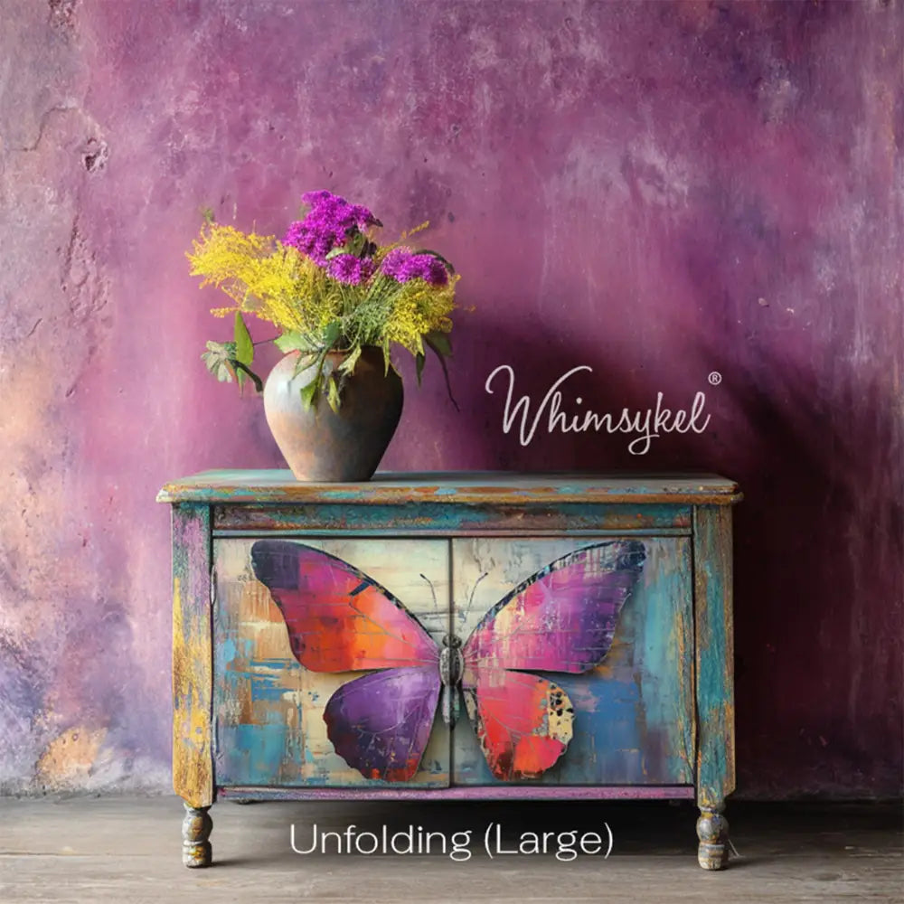 A vintage buffet cabinet features Whimsykel's Unfolding Trio tissue paper on its 2 doors.