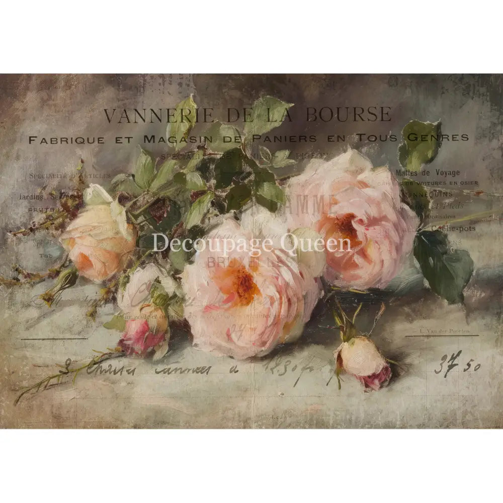 Rice paper that features a romantic design of pink roses with French print and script writing. White borders are on the top and bottom.