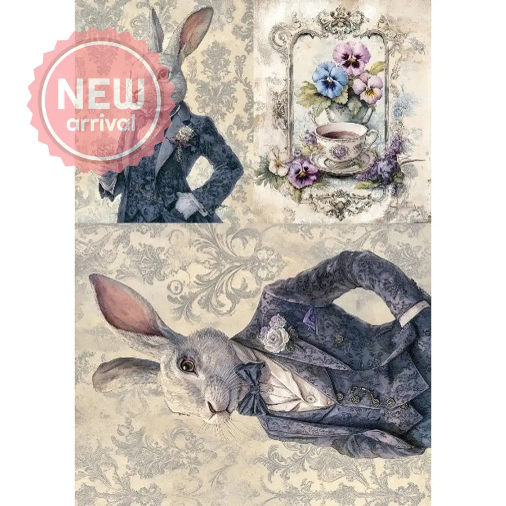 Rice paper featuring 2 sizes of a dapper white rabbit in a suit; and delicate pansies in an ornate frame, all against vintage damask backdrops. White borders are on the sides.