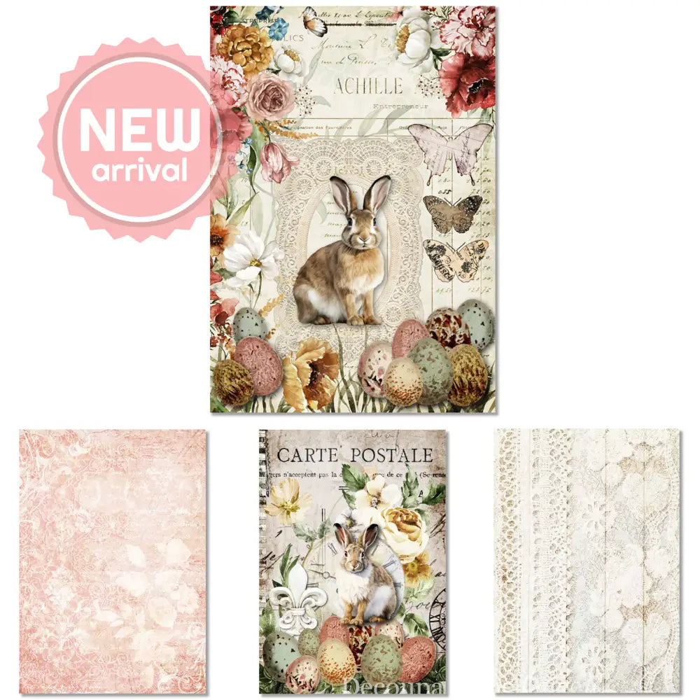 Four rice papers against a white background feature charming designs, including delicate lace patterns and whimsical Easter scenes with rabbits, butterflies, and eggs.