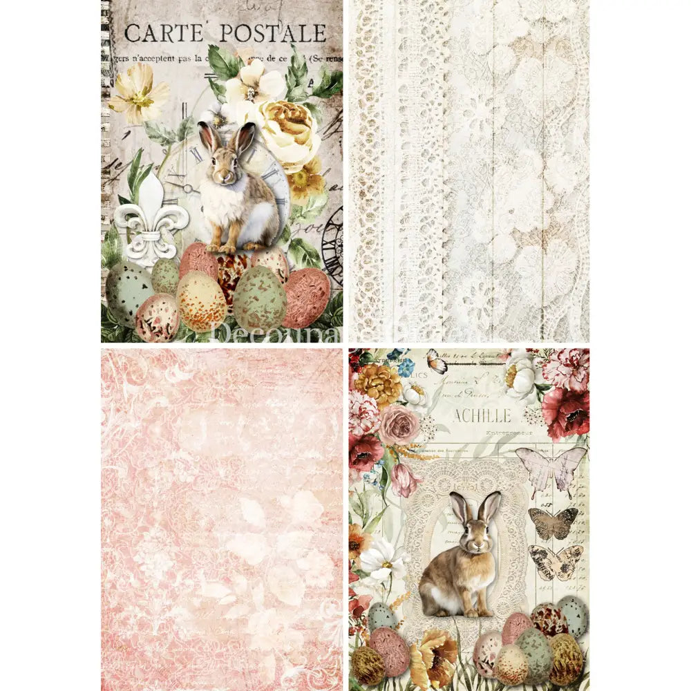 Four rice papers against a white background feature charming designs, including delicate lace patterns and whimsical Easter scenes with rabbits, butterflies, and eggs.