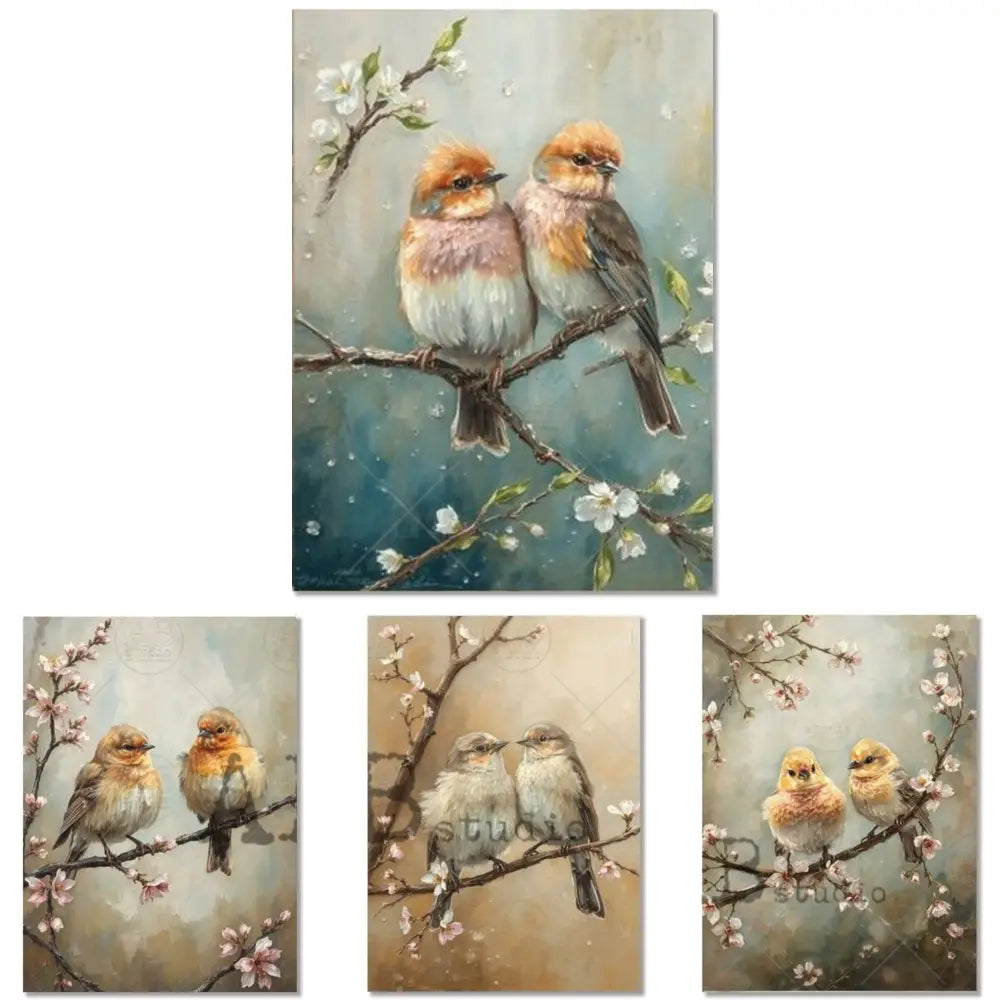 Close-up of a rice papers against a white background that feature 4 pictures of beautiful bird pairs perched among blooming branches in blue and beige tones.