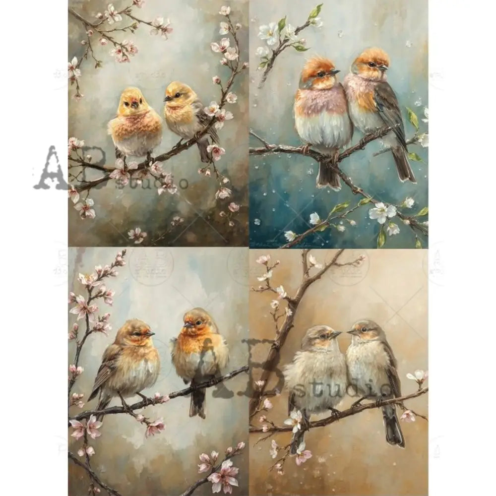 Rice paper that features 4 pictures of beautiful bird pairs perched among blooming branches in blue and beige tones. White borders are on the sides.