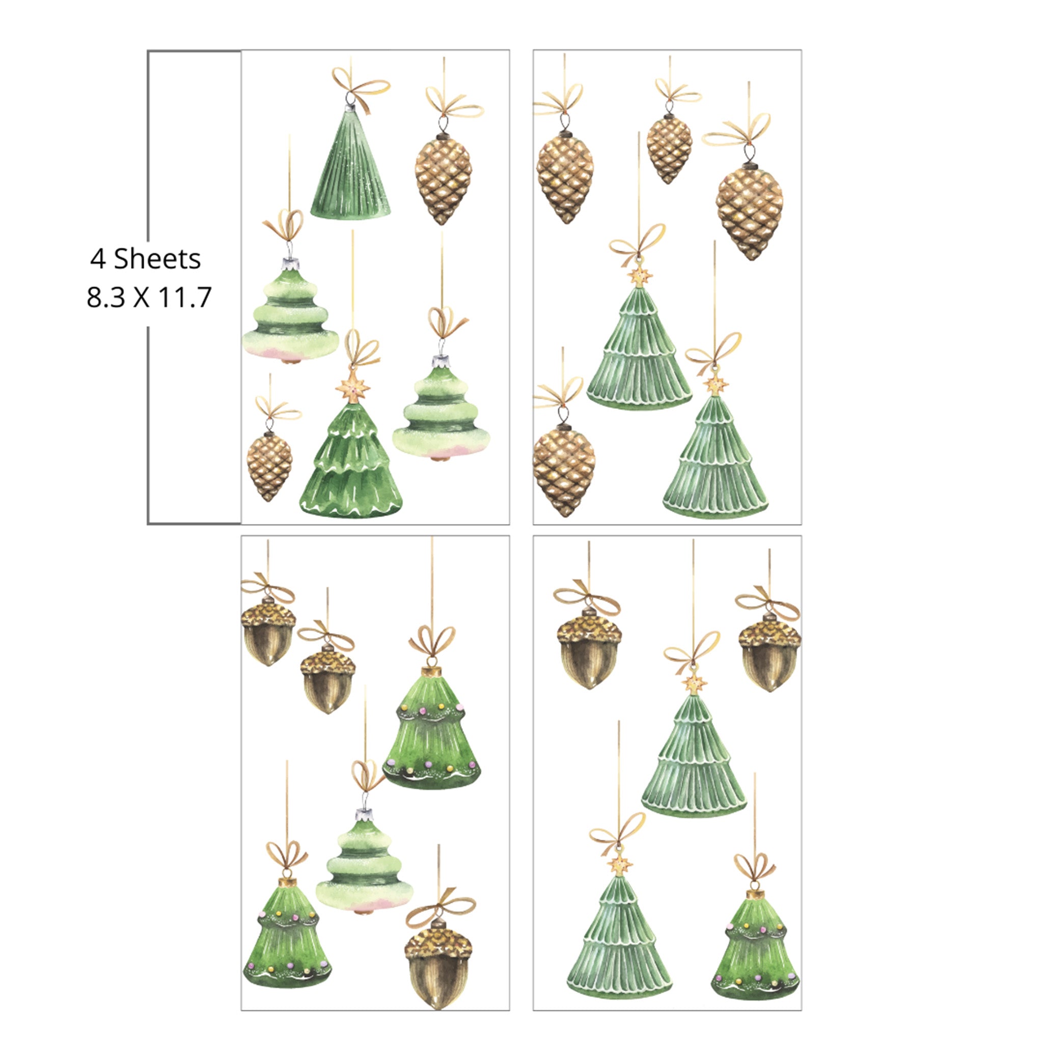 Four sheets of festive holographic water slide transfer designs with baubles, acorns, and Christmas tree ornaments. Measurements for 1 sheet reads: 4 Sheets, 8.3" x 11.7" each.